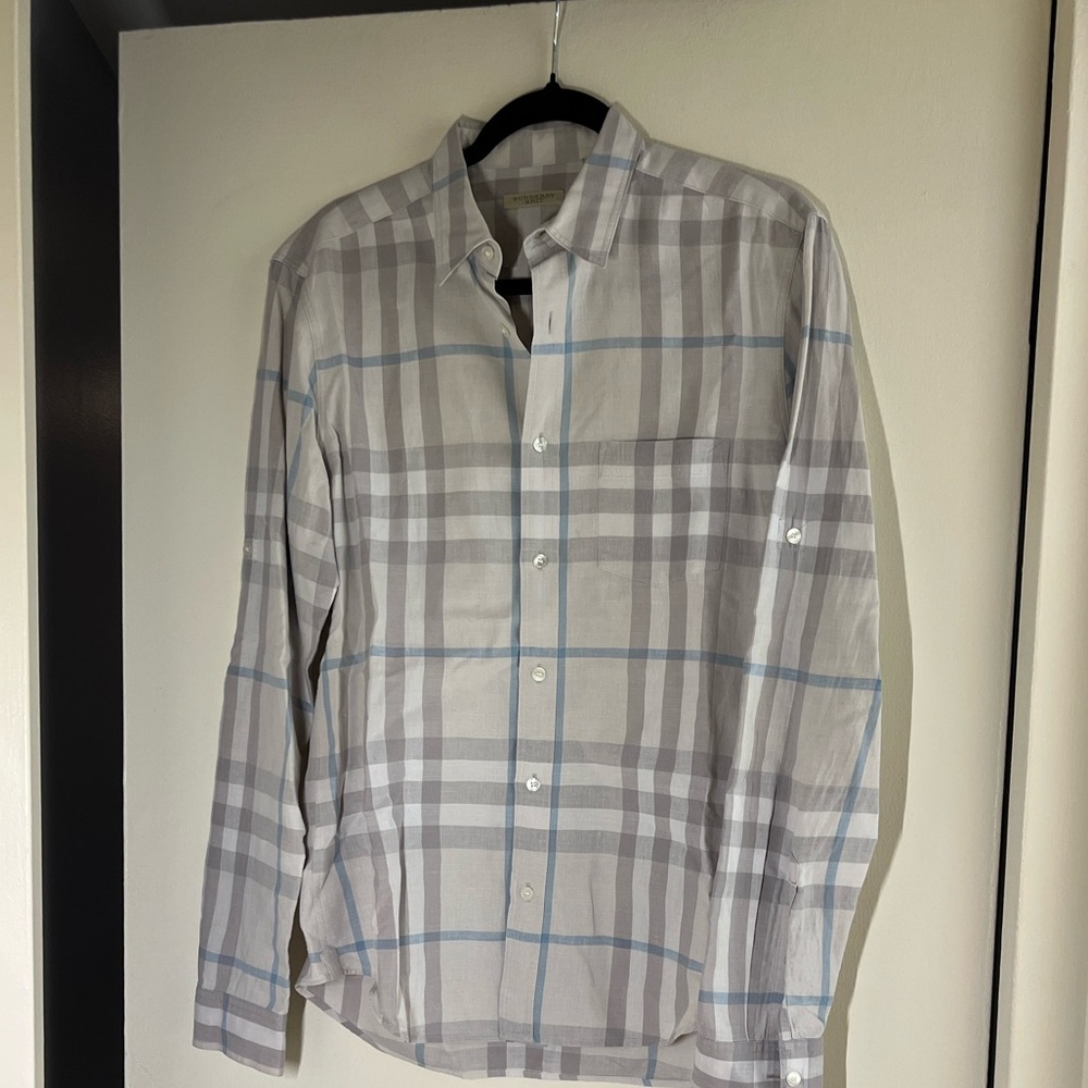 Burberry Light Gray and Blue Plaid Dress Shirt